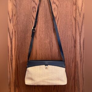 80’s Vintage Etienne Aigner Tan Woven Jute and Navy Blue Leather Bag
